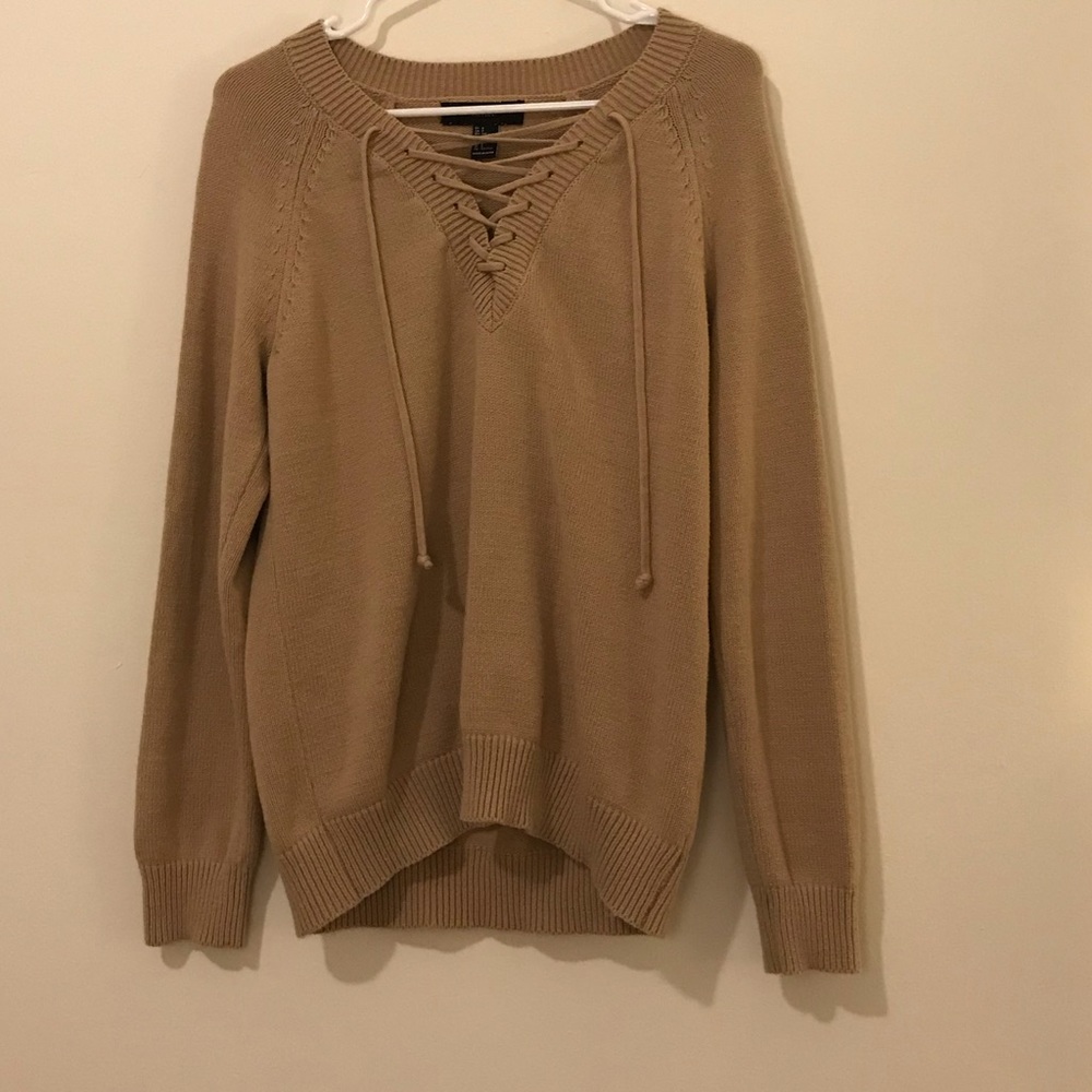 Oversized Tan Sweater v-neck lace up—comfy!!
